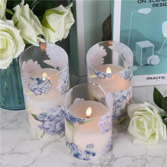 Hydrangea Glass Flameless Candles with Remote Timer Battery Operated LED Candle - Picture 3 of 7